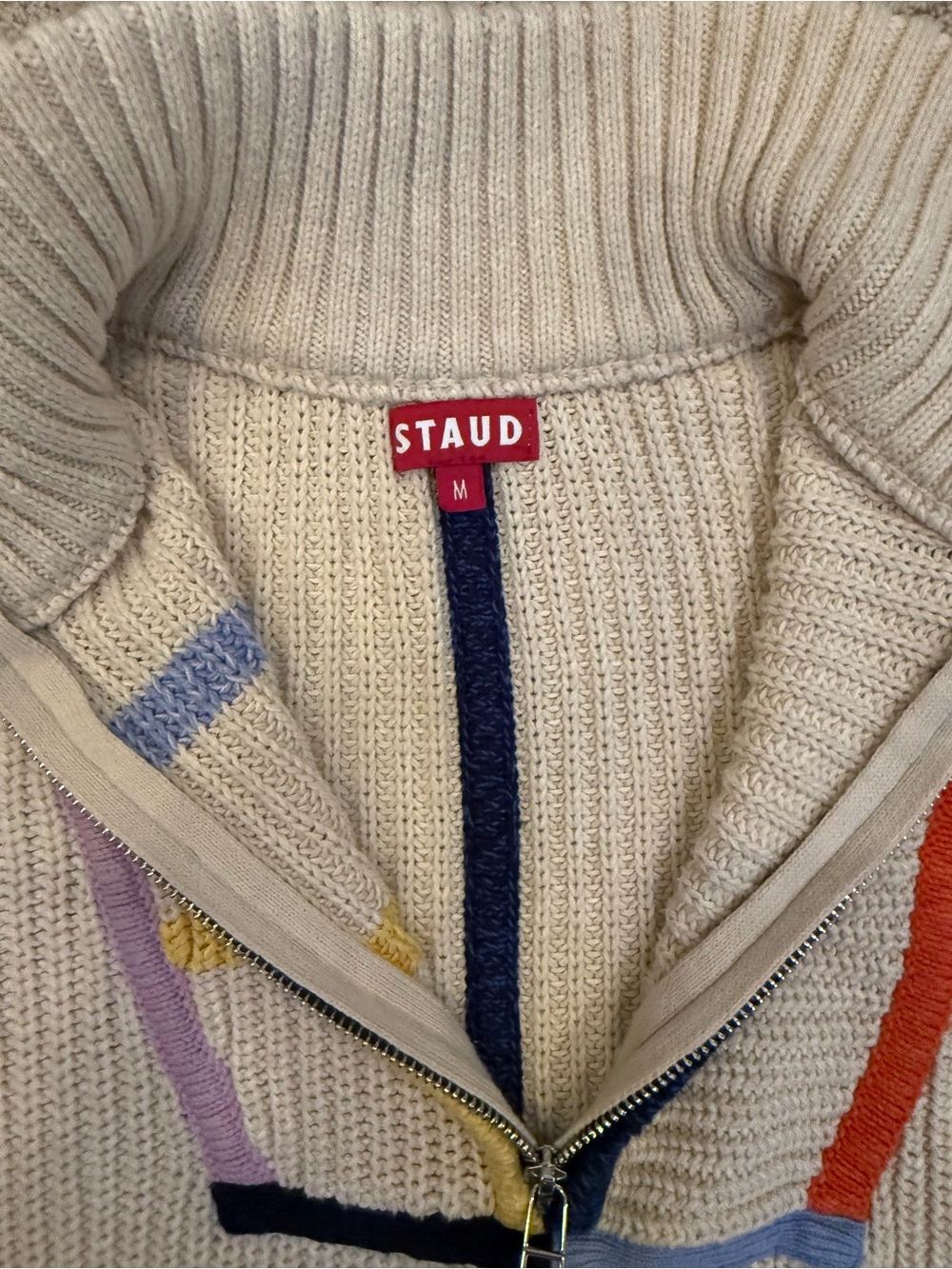 STAUD Hampton Colorblock Stripe Half Zip Chunky Knit Sweater Medium - Picture 5 of 7